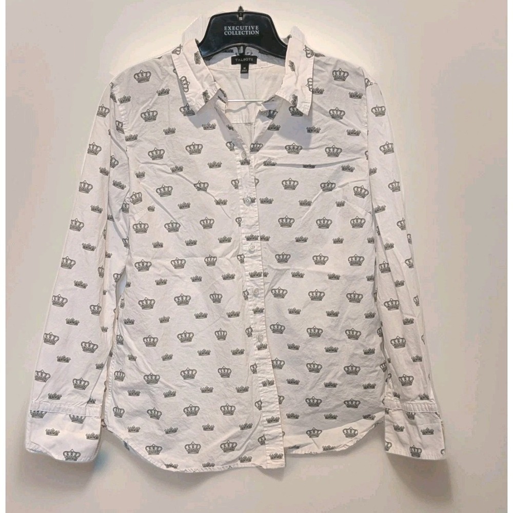 Old Money Preppy Queen Royalty Crown Print White Button Up Shirt Talbots Medium